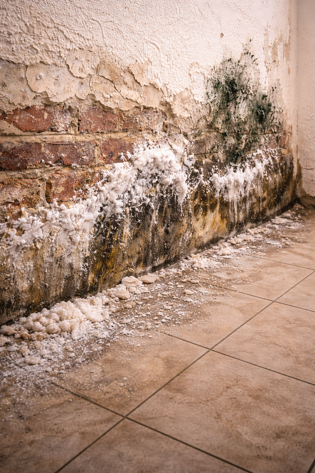 Salpêtre visible sur la partie basse d'un mur humide