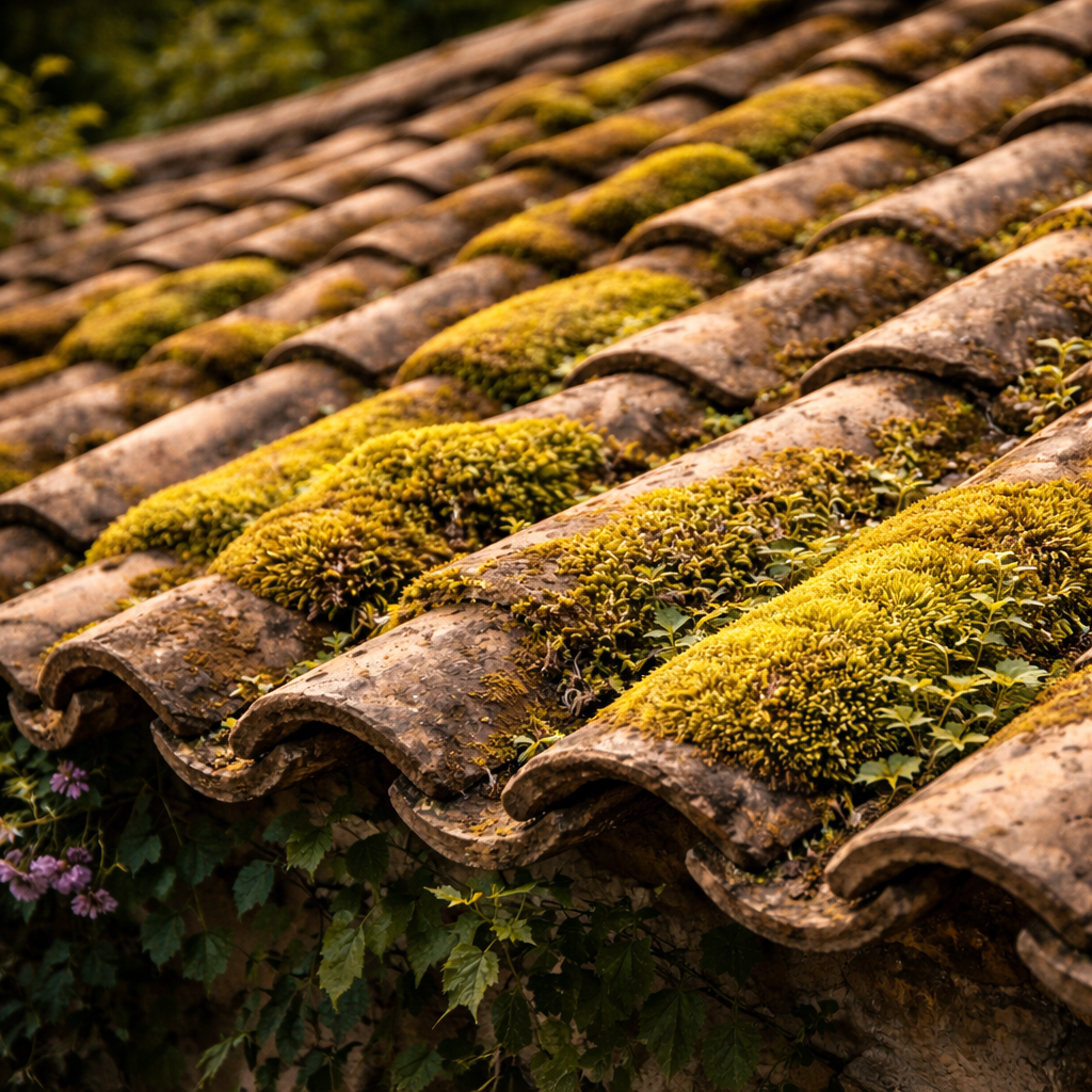 Des plaques épaisses de mousse recouvrent les tuiles