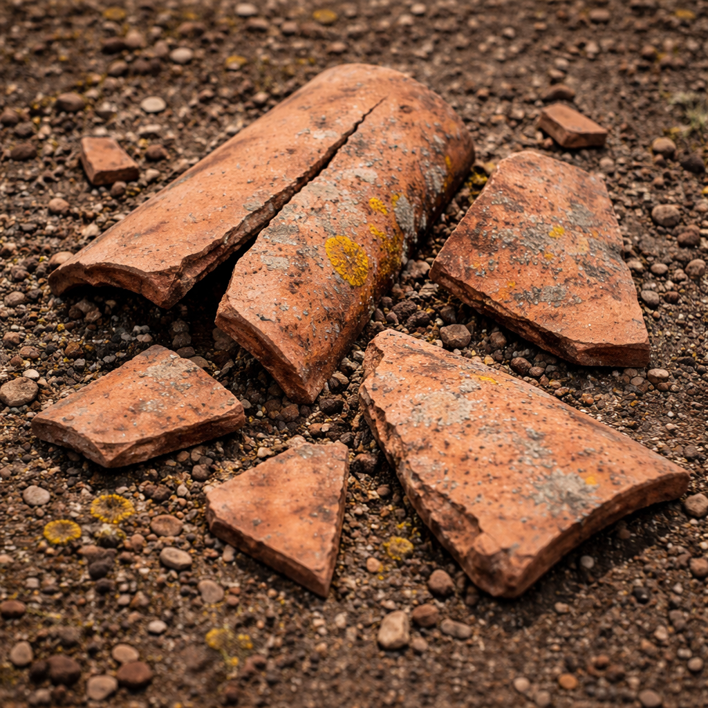 Morceaux de tuiles retrouvés au sol