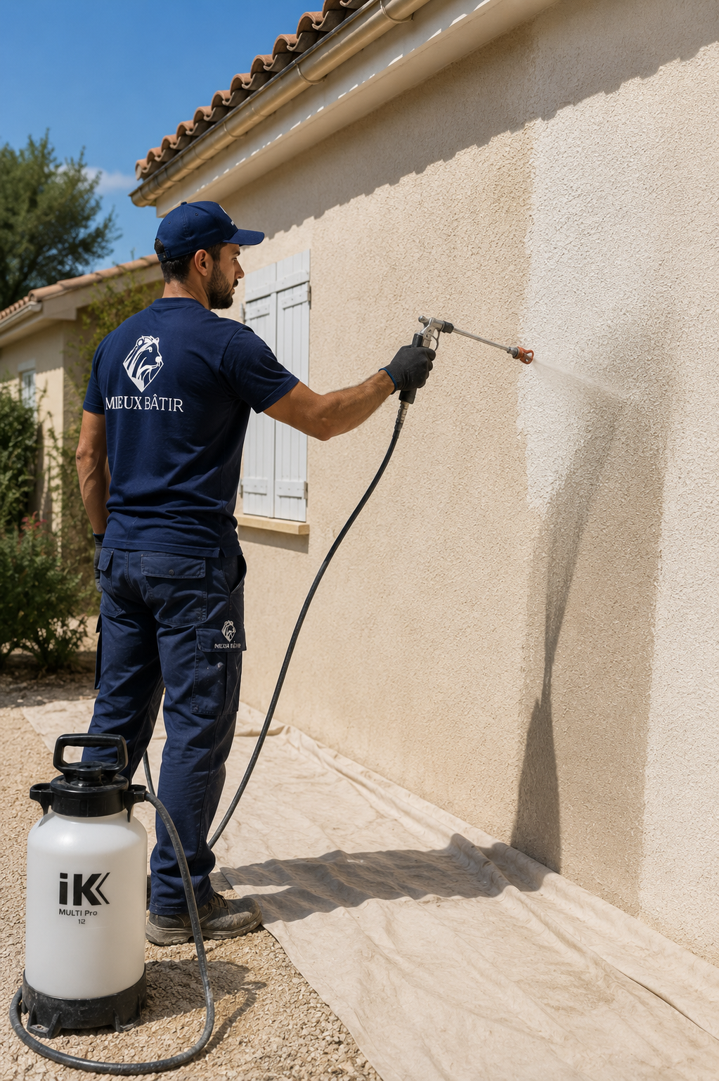 Professionnel réalisant des travaux de ravalement de façade